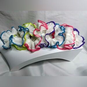 7 Colorful Ruffle Mesh Scrunchies Set White with Neon Trim